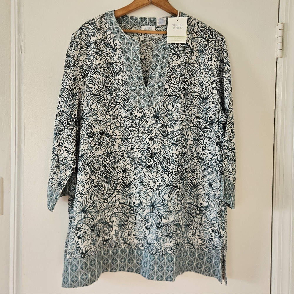 Sigrid Olsen Womens Top XL Linen Tunic Floral Boho Beach Resort Coastal Relaxed